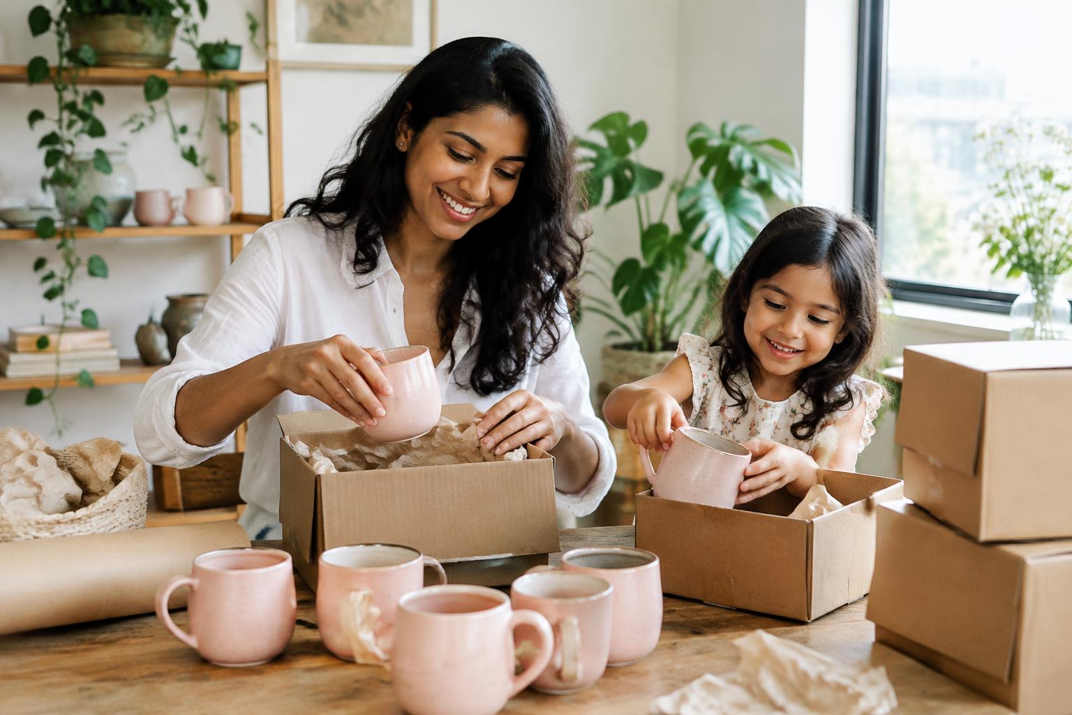 Mother and daughter packing handmade ceramics together in a home studio